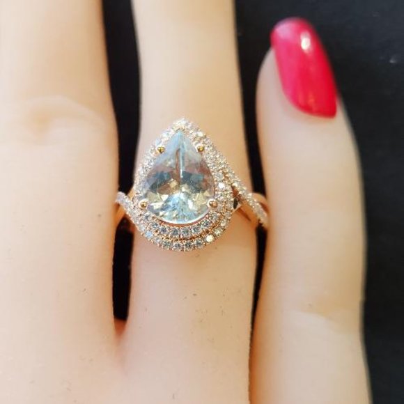 14K rose gold ring with aquamarine stone and diamonds halo - Picture 14 of 15